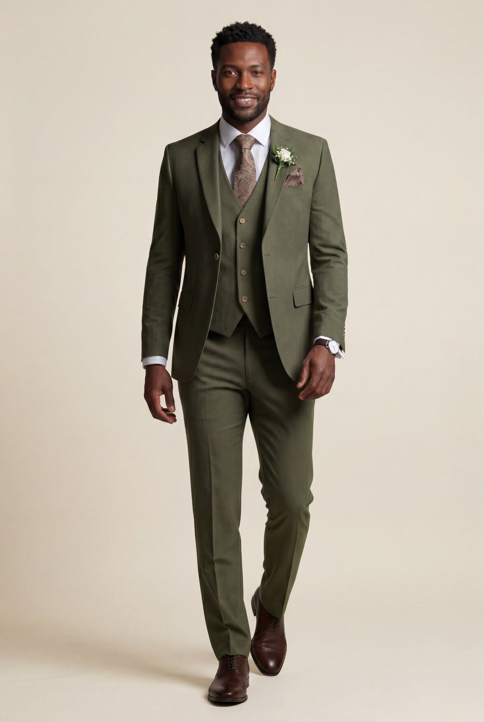 Olive Notch Lapel Tailored Three-piece Suit - Photo 37