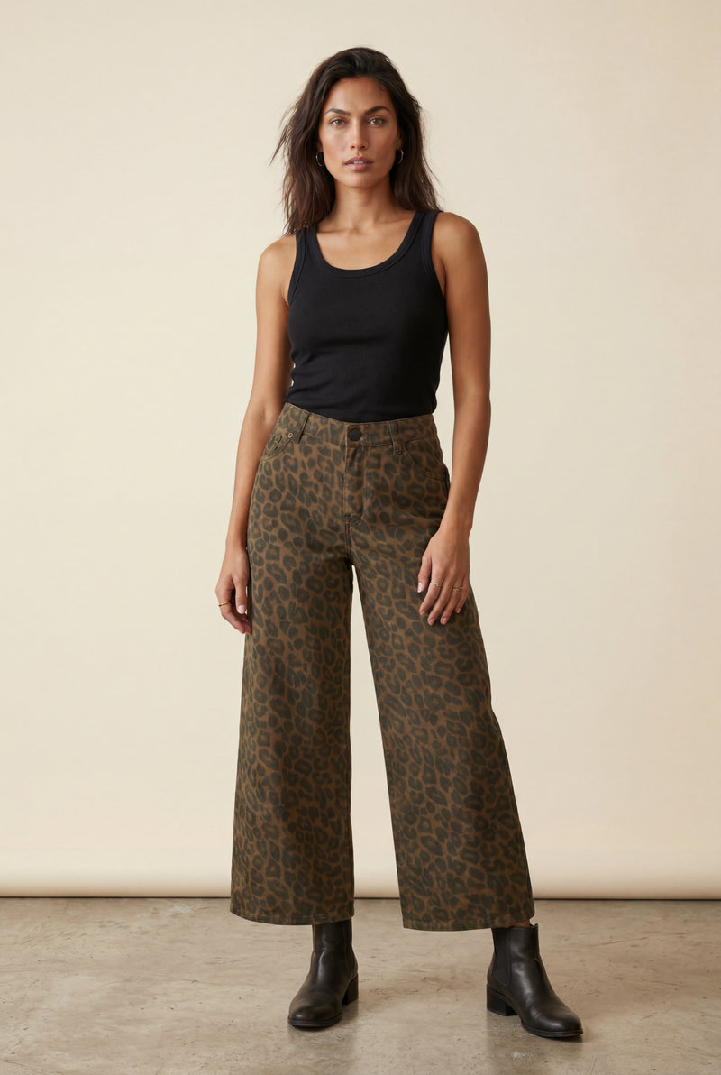 Brown Olive Green Leopard Print Wide-leg High-waisted Trousers - Wide leg trousers - Photo 1