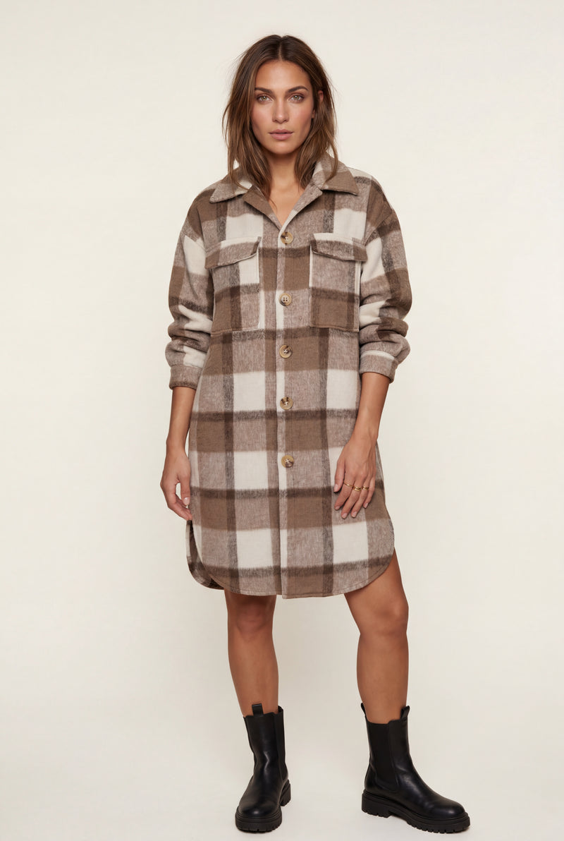 Brown Oversized Plaid Shirt Coat with Patch Pockets - Photo 2