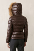 Glossy Puffer Jacket with Faux Fur Hood in Brown — studio back