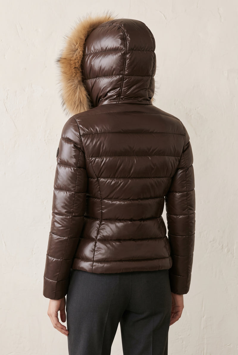 Glossy Puffer Jacket with Faux Fur Hood in Brown — studio back