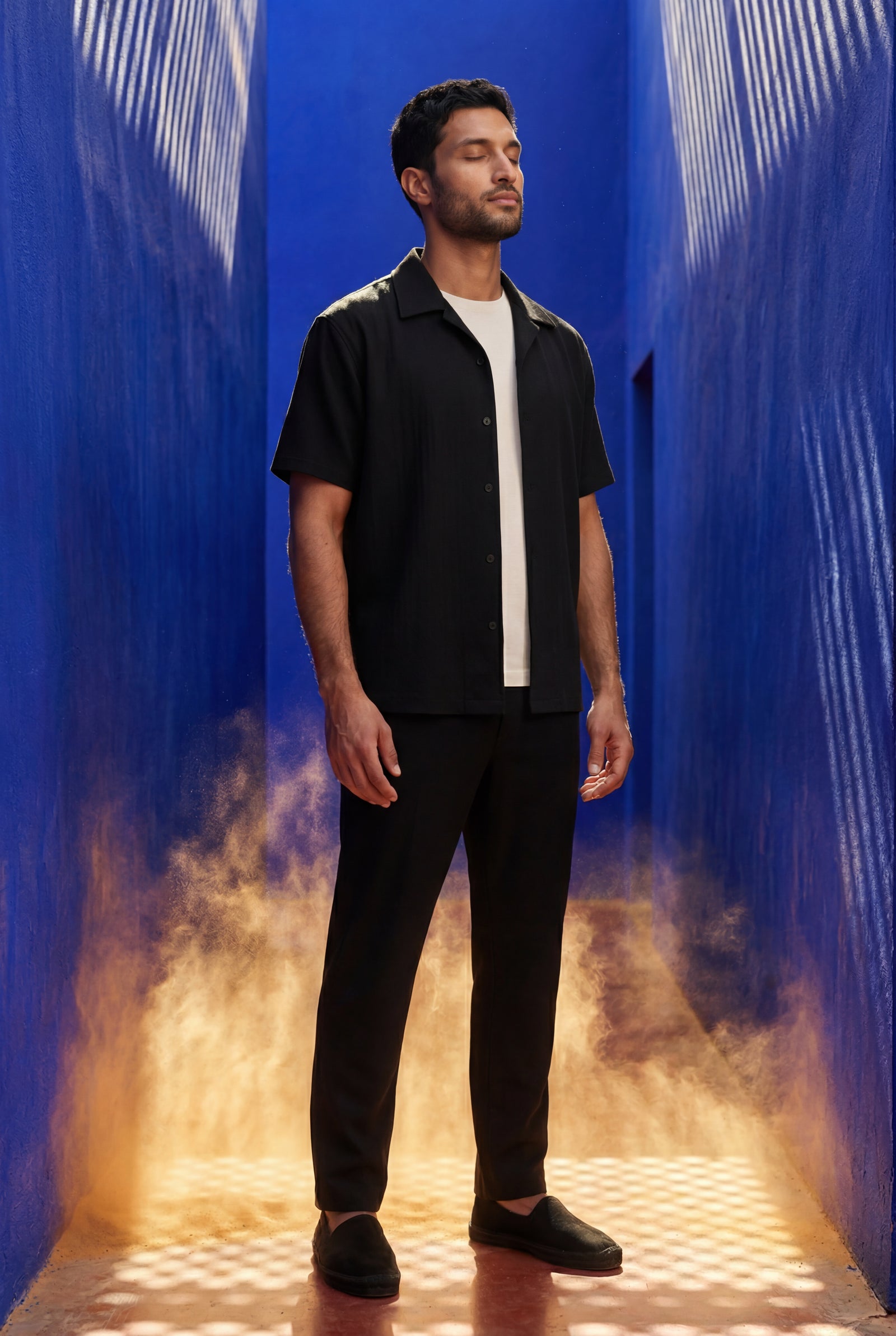 Black Relaxed Pleated Shirt and Pants Set with Camp Collar - Shorts set - Photo 8