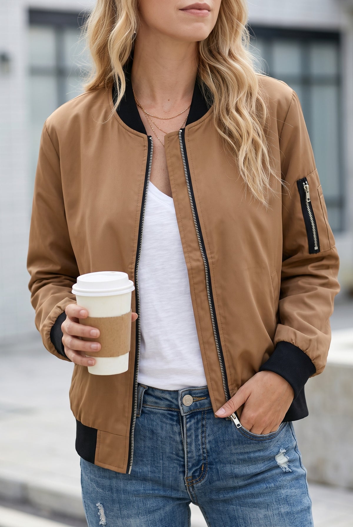 Rib-Knit Bomber Jacket in Brown — Stilenza main image