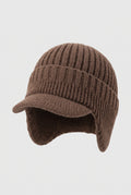 Rib Knit Earflap Beanie in Brown — studio front