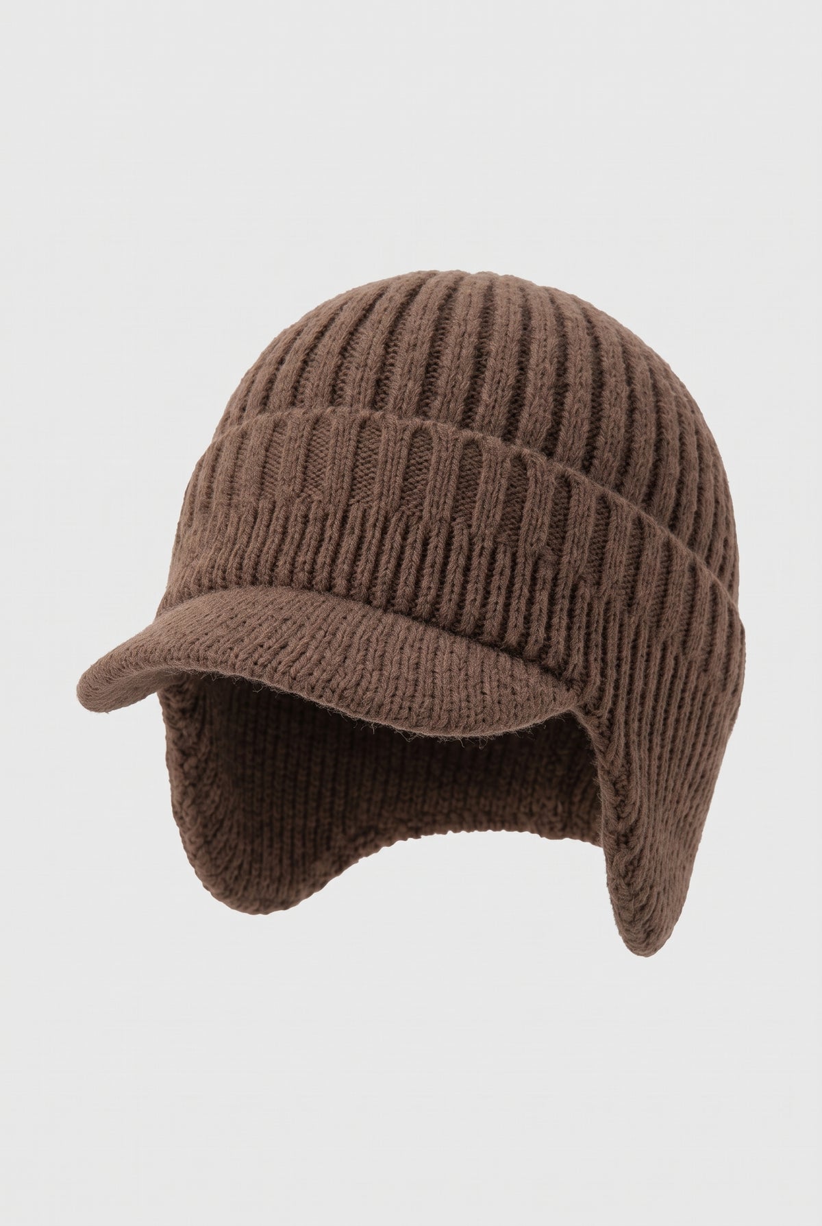 Rib Knit Earflap Beanie in Brown — studio front