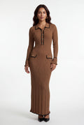 Brown Ribbed Collared Maxi Dress with Contrast Trim - Photo 8