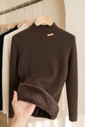 Ribbed High-Neck Sweater in Brown — studio front