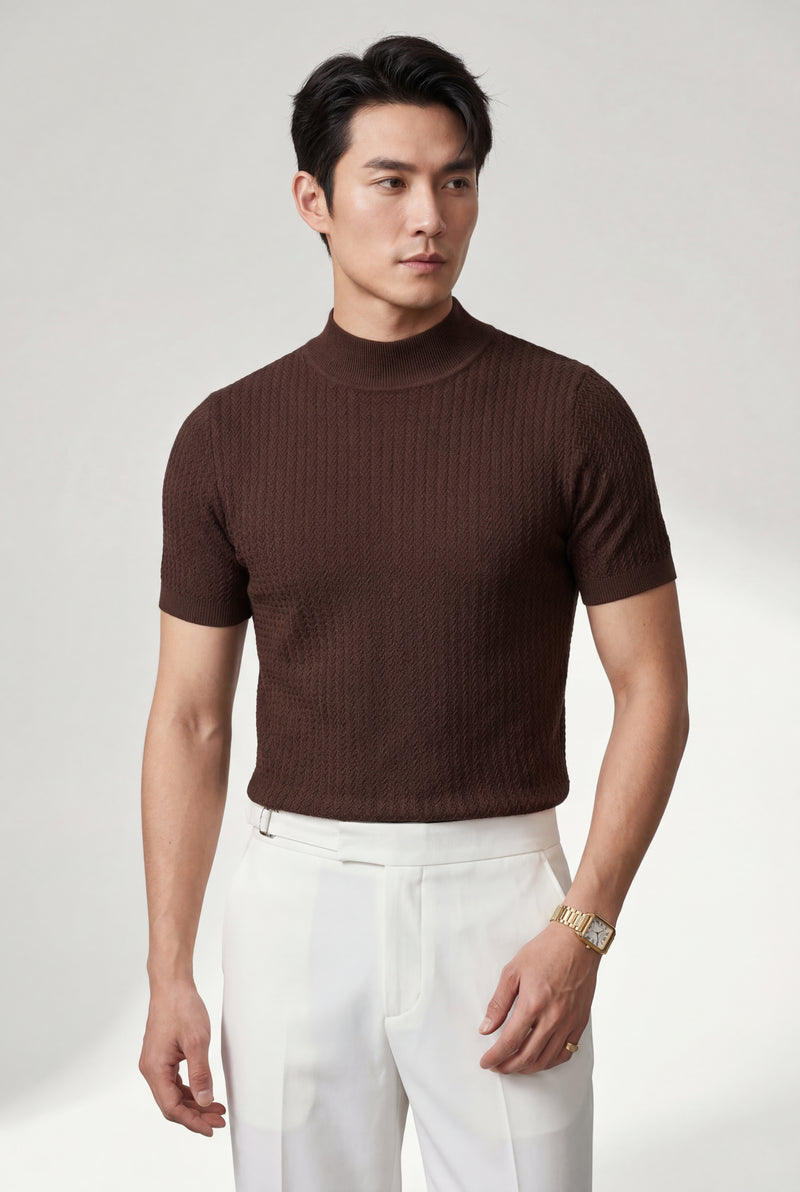 Brown Ribbed Mock Neck Short Sleeve Sweater Shirt - Short sleeve shirt - Photo 2