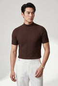 Brown Ribbed Mock Neck Short Sleeve Sweater Shirt - Short sleeve shirt - Photo 2
