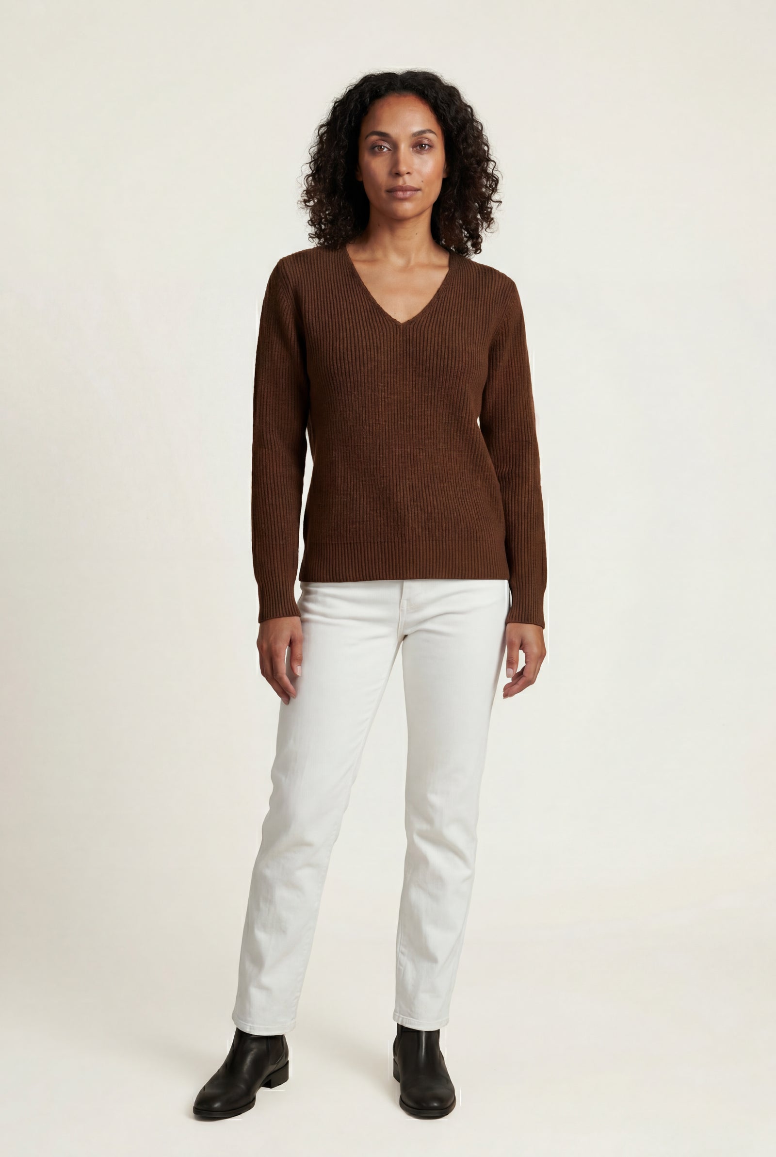 Brown Ribbed V-neck Long Sleeve Pullover Sweater - V-neck sweater - Photo 29