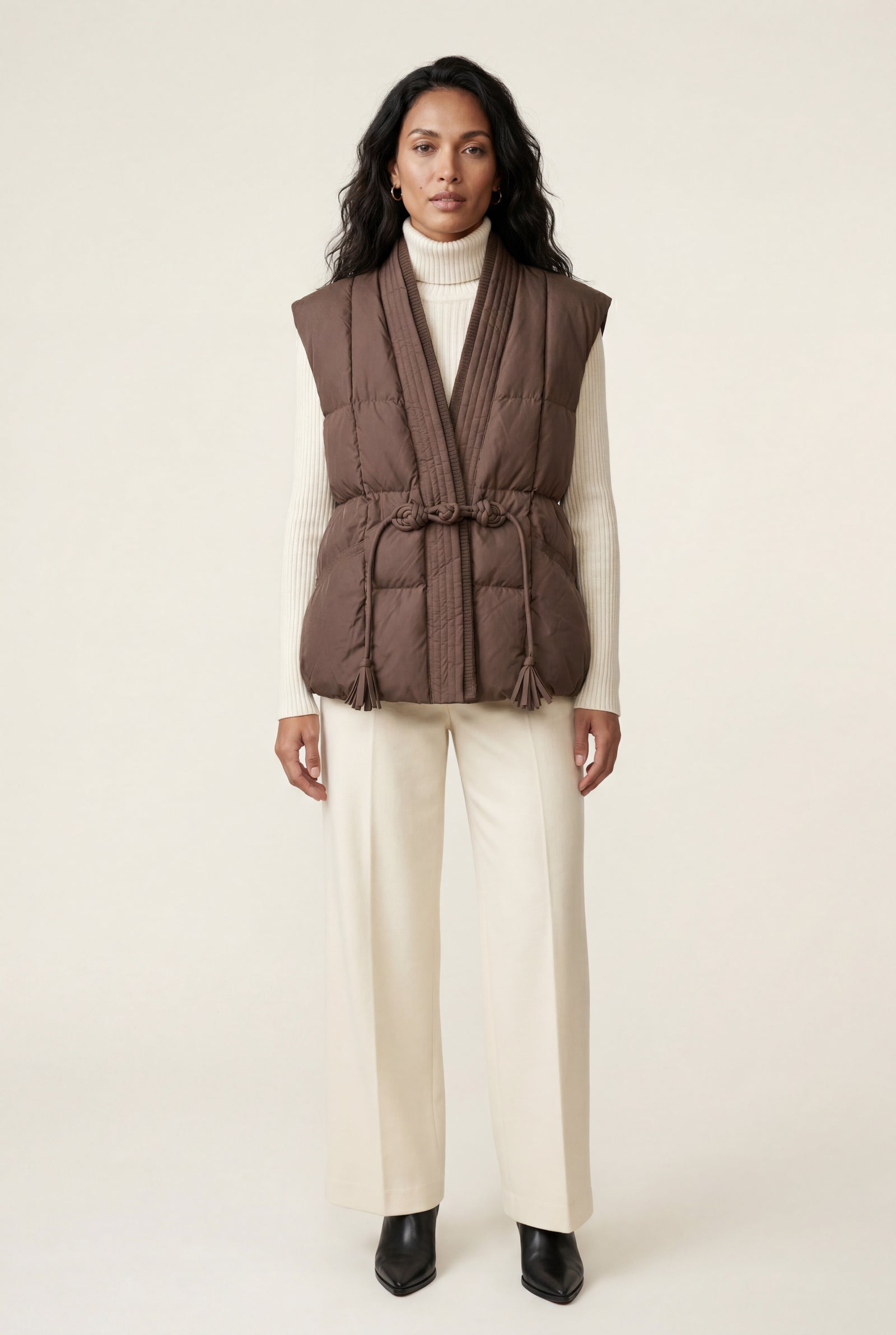 Brown Sleeveless Belted Padded Bodywarmer Vest with Rope Belt - Bodywarmers - Photo 10