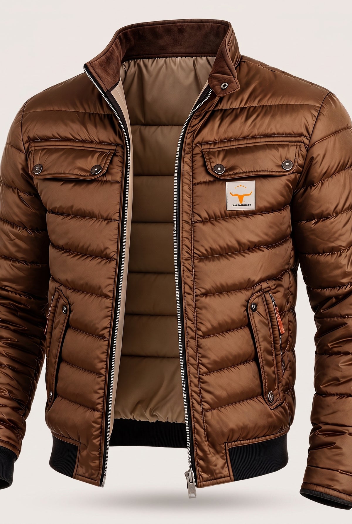 Stand Collar Puffer Jacket in Brown — front view