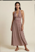 Brown Striped Halter Neck A-line Maxi Dress with Deep V - Photo 10