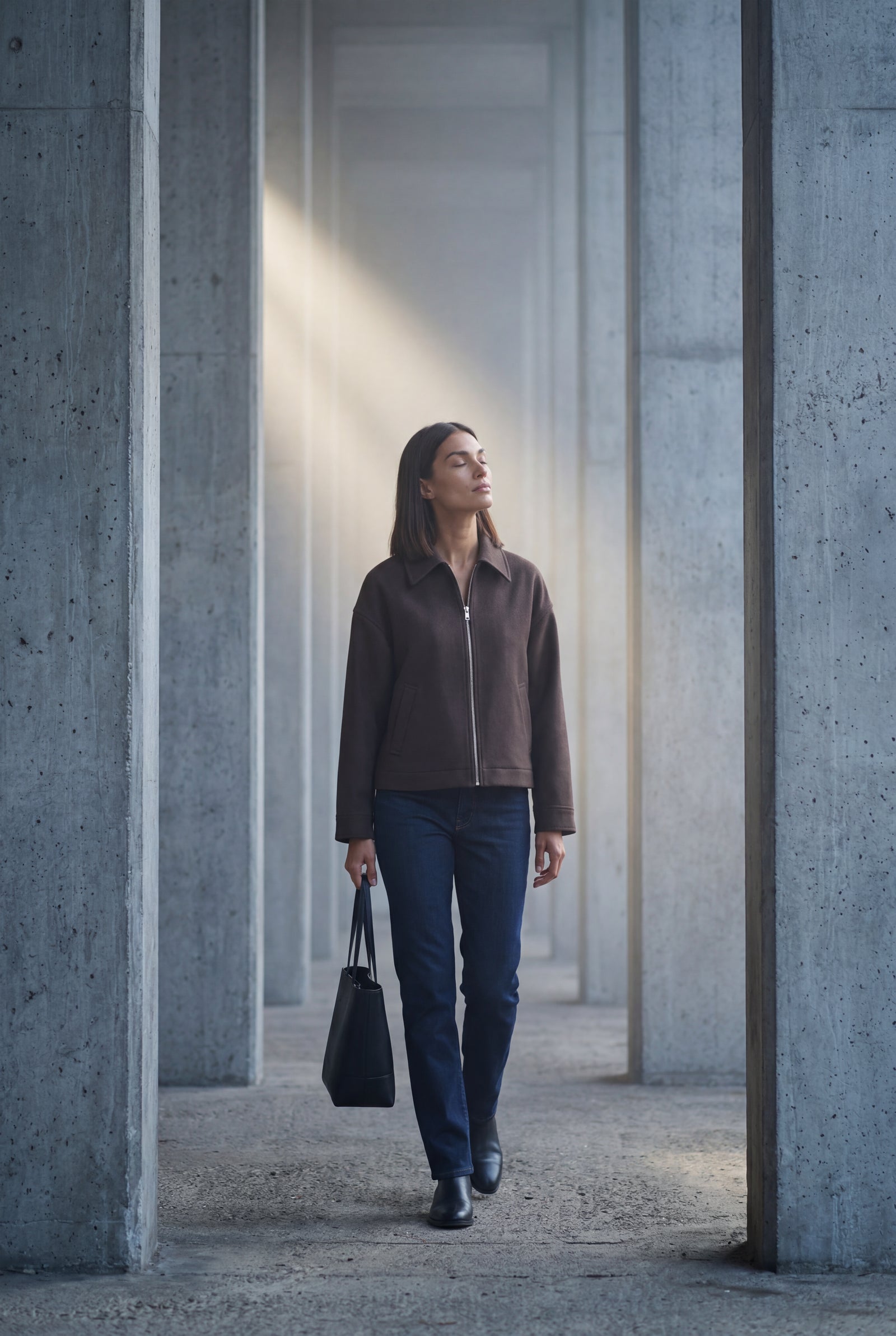 Brown Structured Zip-up Boxy Collared Jacket - Zip up jacket - Photo 13