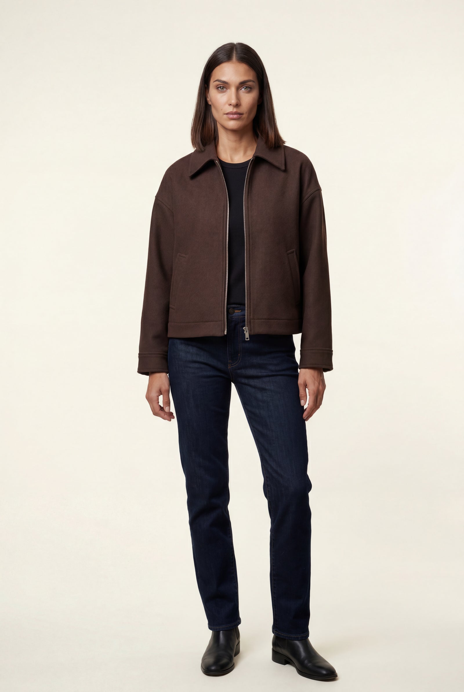 Brown Structured Zip-up Boxy Collared Jacket - Zip up jacket - Photo 2