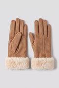 Suede-Like Gloves with Faux Fur Cuffs in Brown — studio front