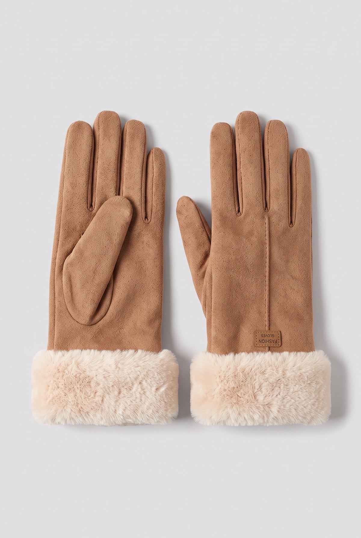Suede-Like Gloves with Faux Fur Cuffs in Brown — studio front