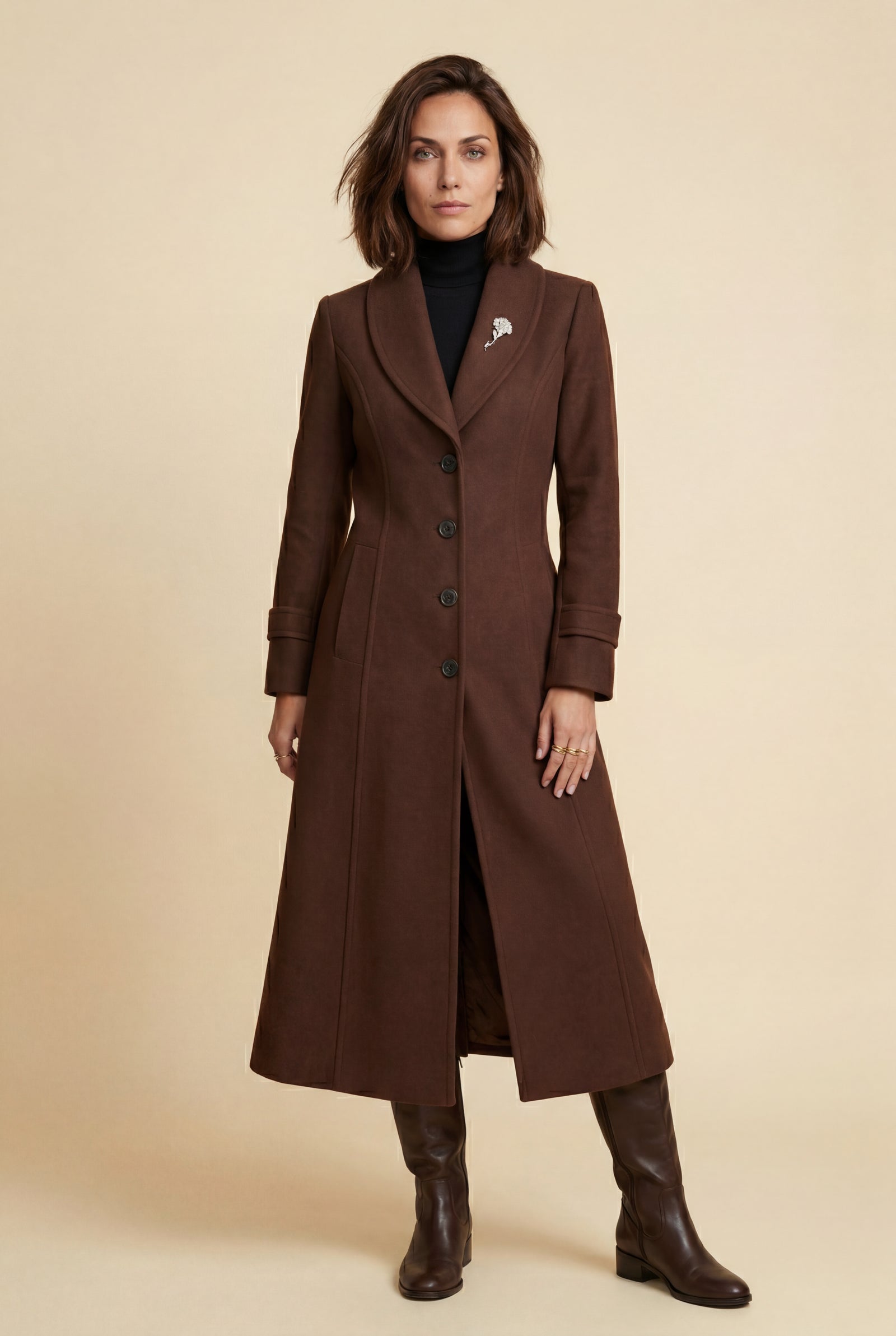 Brown Tailored Longline Coat with Adjustable Belt - Long coat - Photo 1