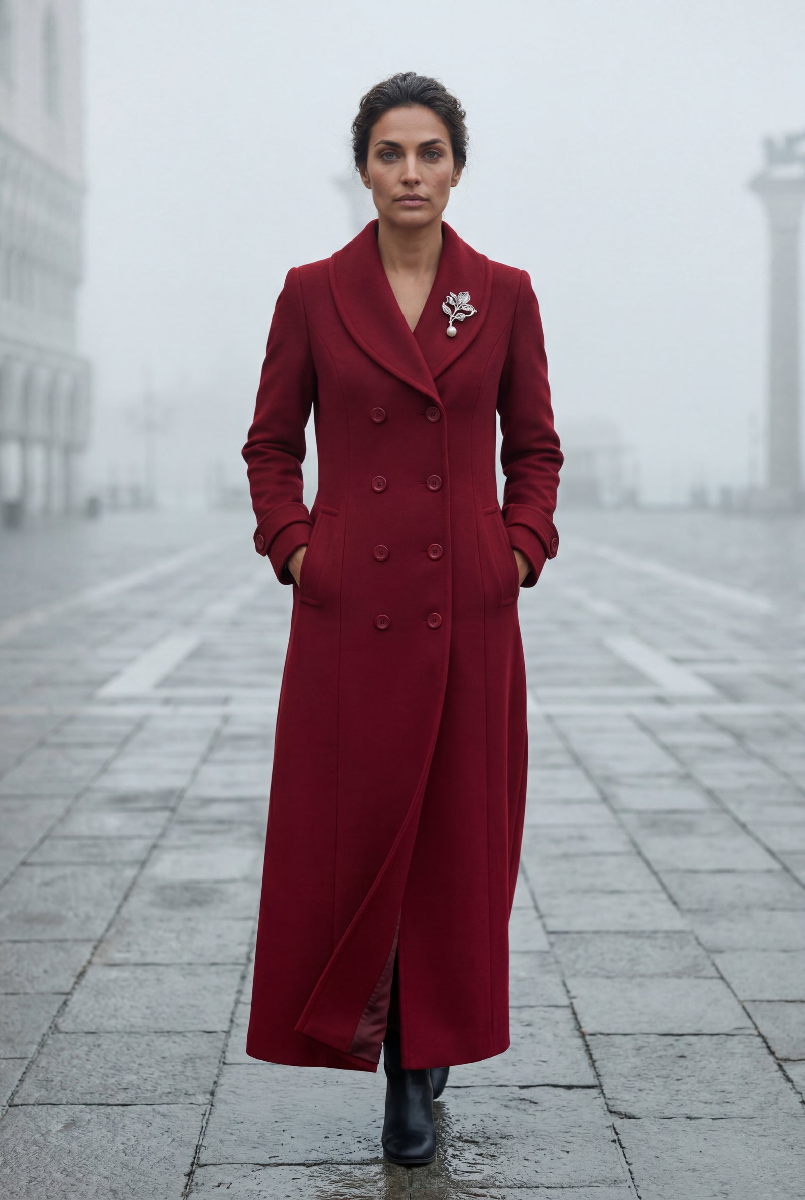 Red Tailored Longline Coat with Adjustable Belt - Long coat - Photo 13