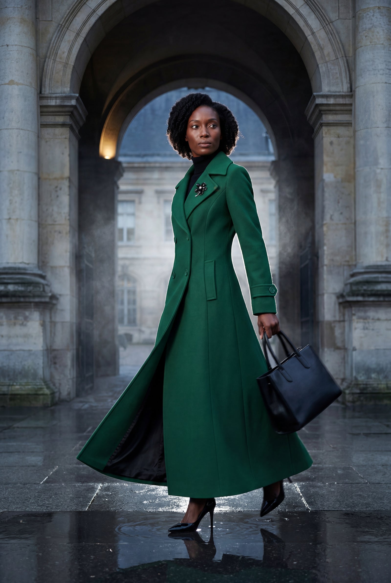 Green Tailored Longline Coat with Adjustable Belt - Long coat - Photo 15