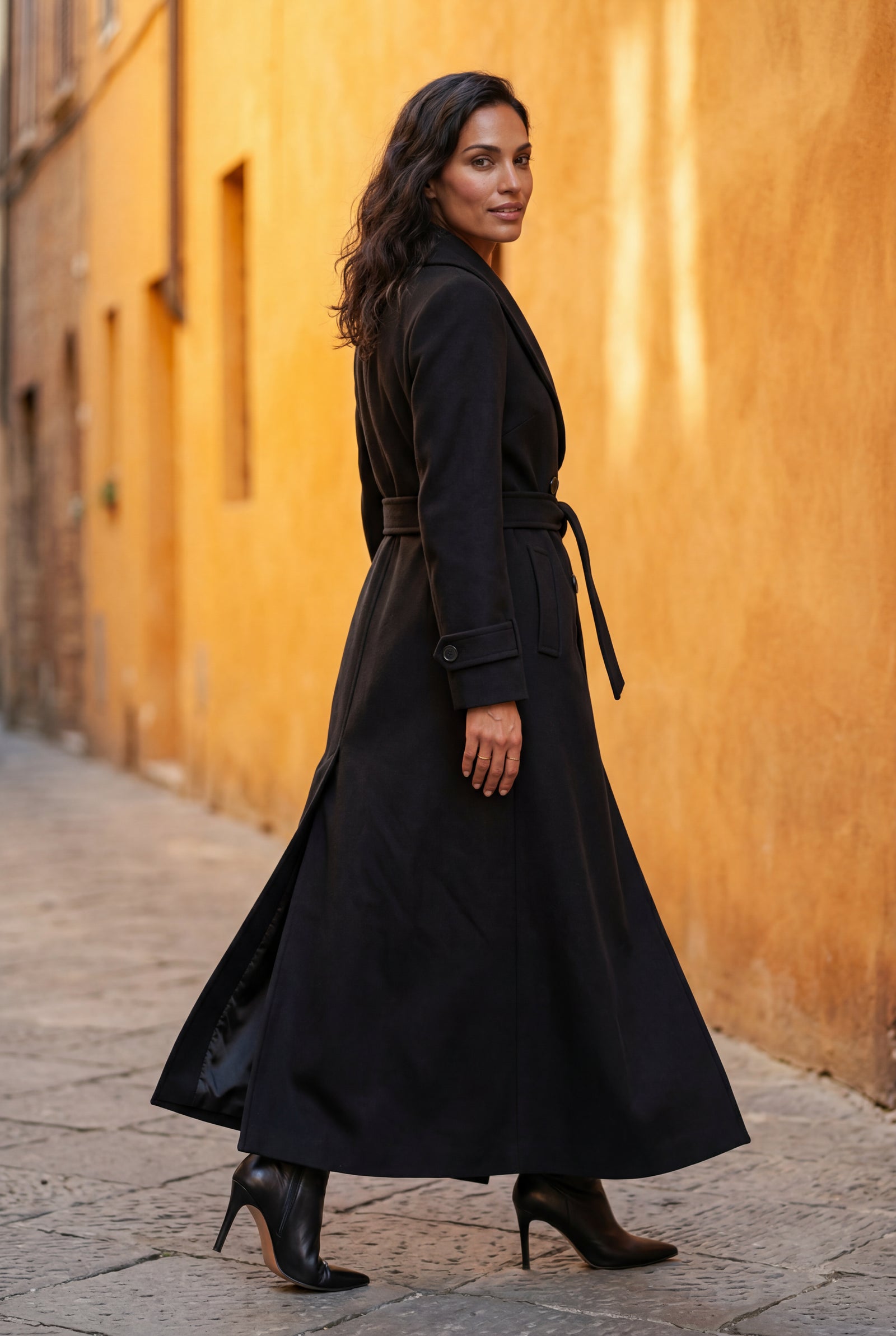 Black Tailored Longline Coat with Adjustable Belt - Long coat - Photo 4