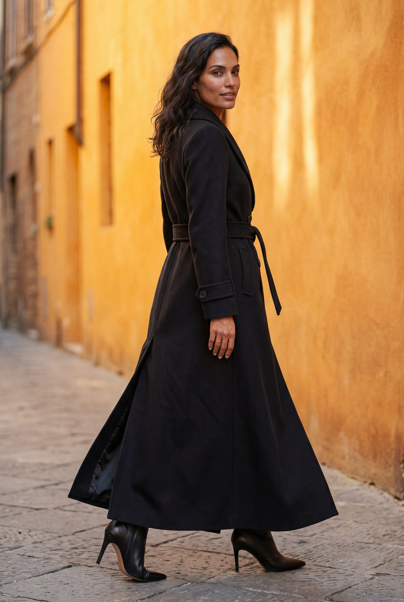 Black Tailored Longline Coat with Adjustable Belt - Long coat - Photo 4