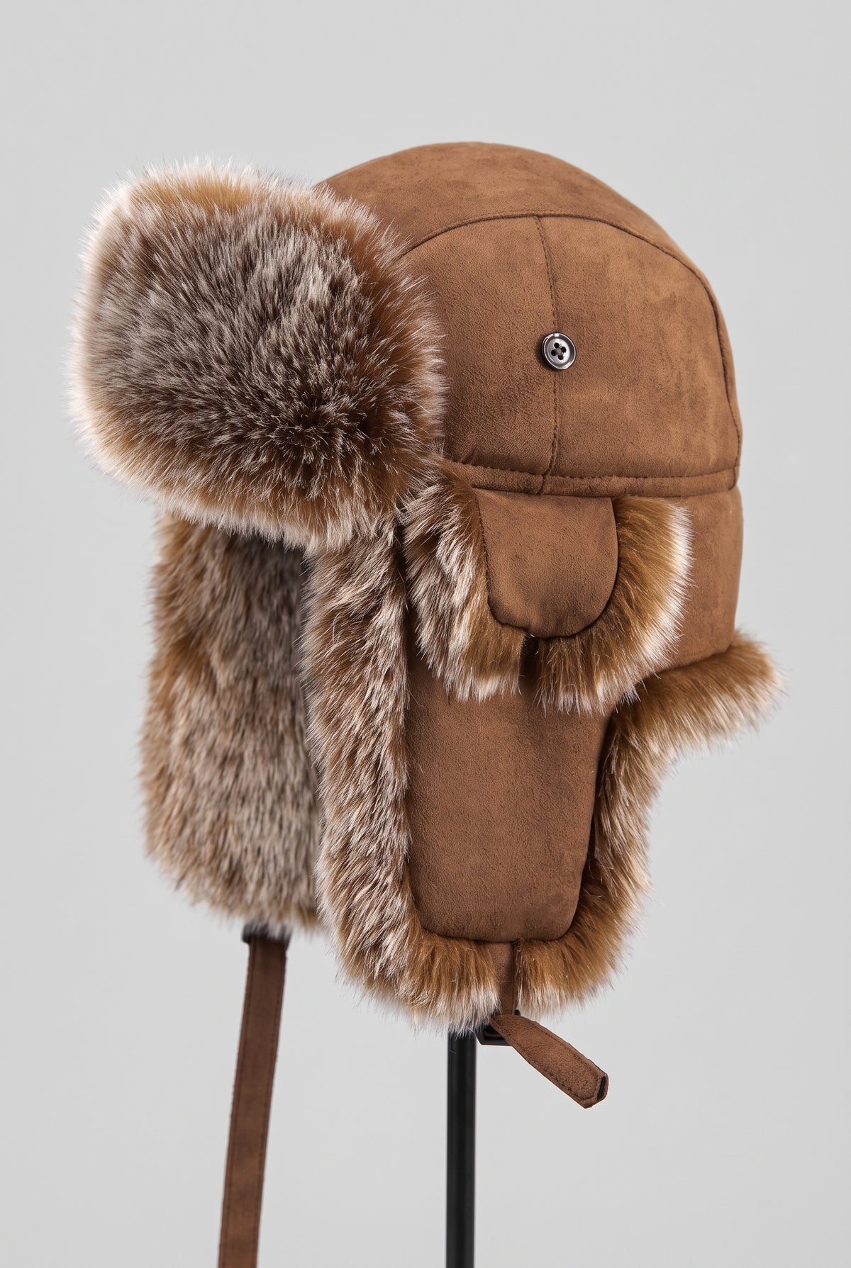 Vegan Leather Trapper Hat in Brown — studio angle