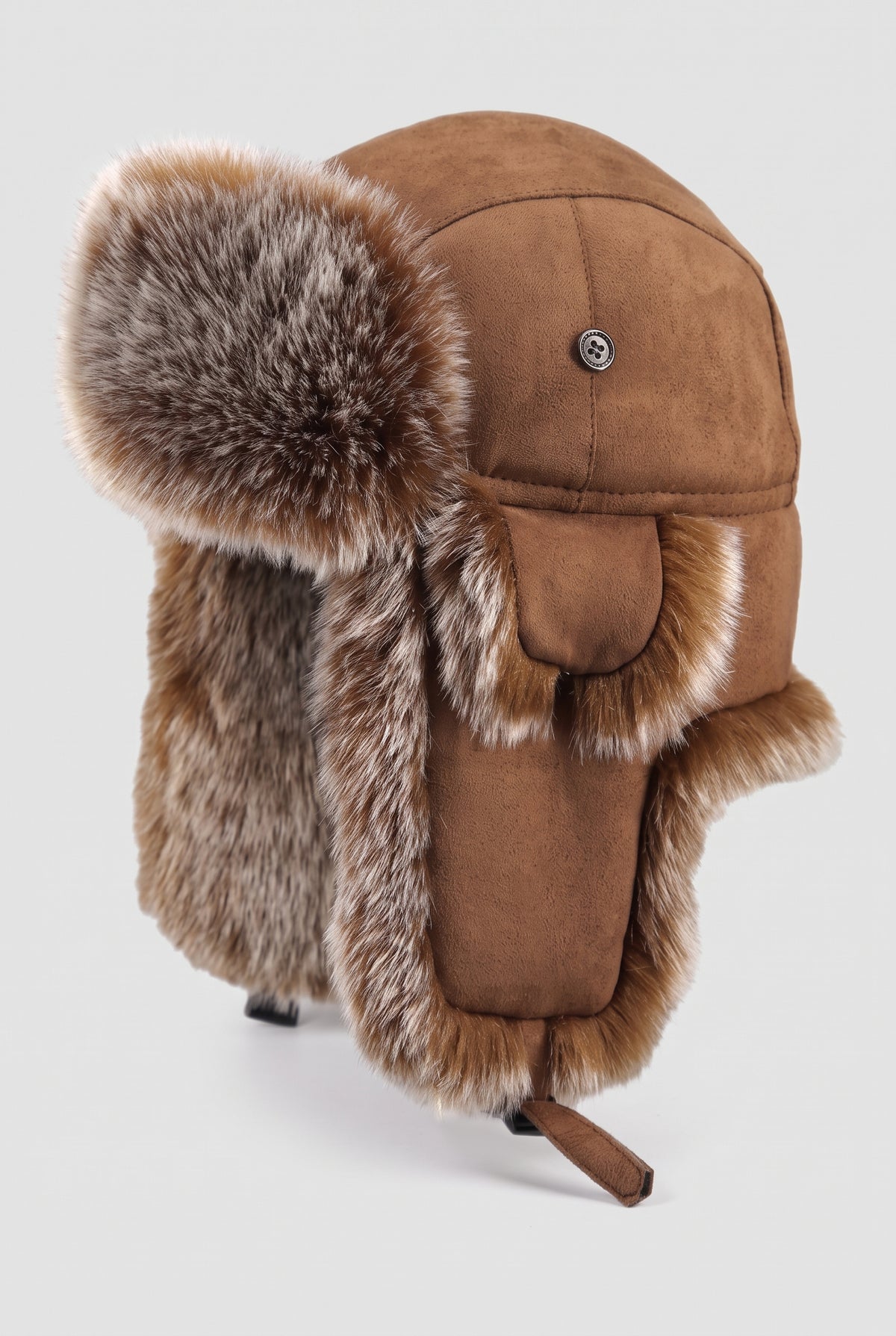 Vegan Leather Trapper Hat in Brown — studio front