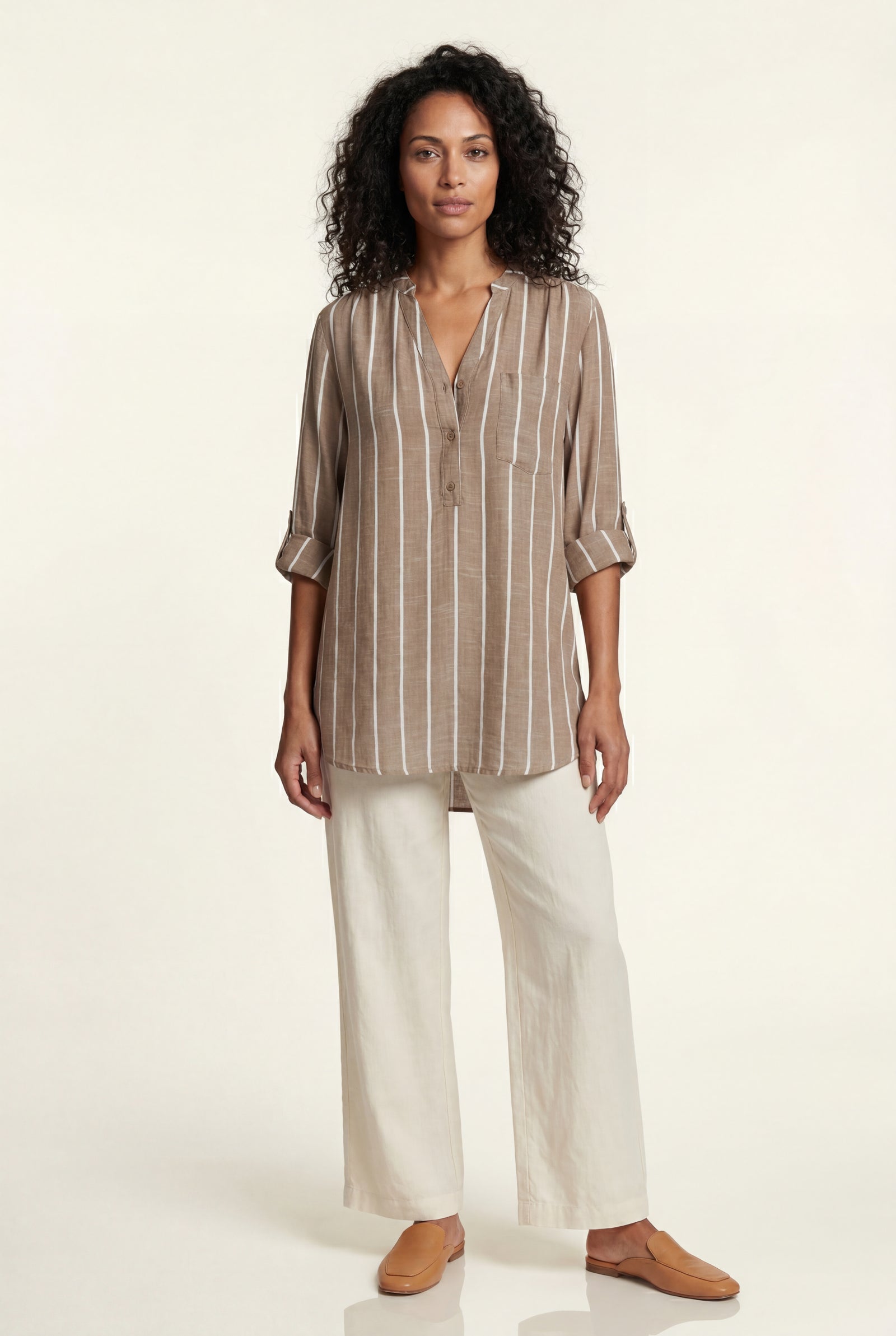 Brown Vertical Stripe Relaxed Button-front Blouse - Blouses - Photo 3