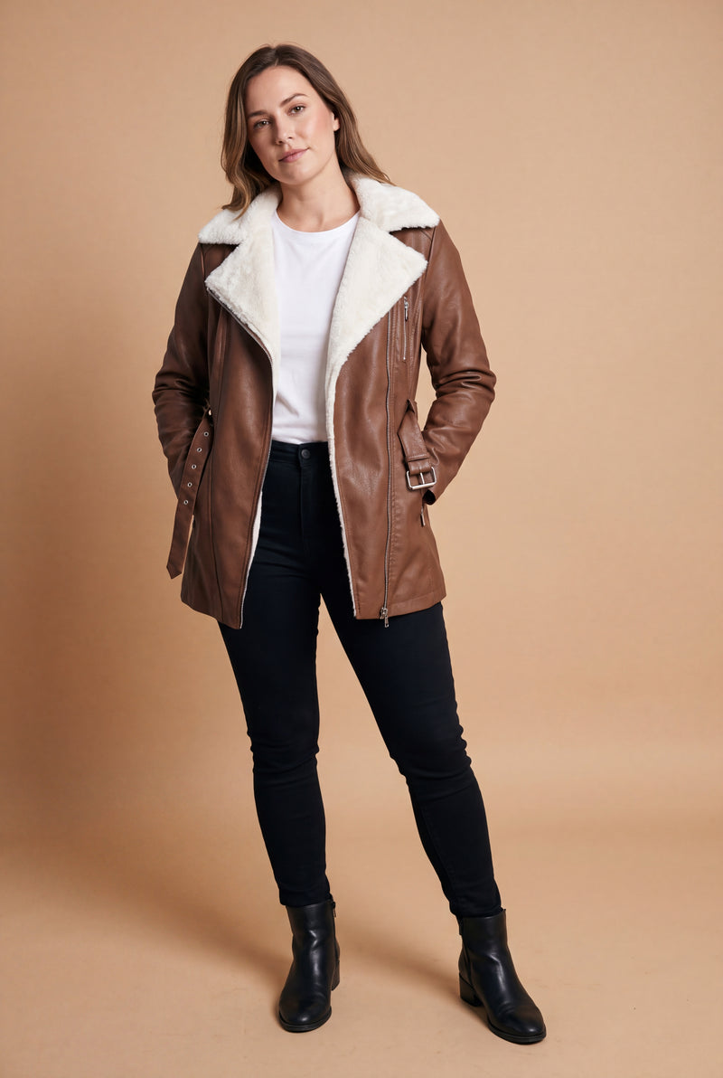 Women's Biker Jacket Faux Shearling in Brown — primary studio
