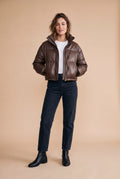 Women's Puffer Jacket High Collar Cropped in Brown — studio main
