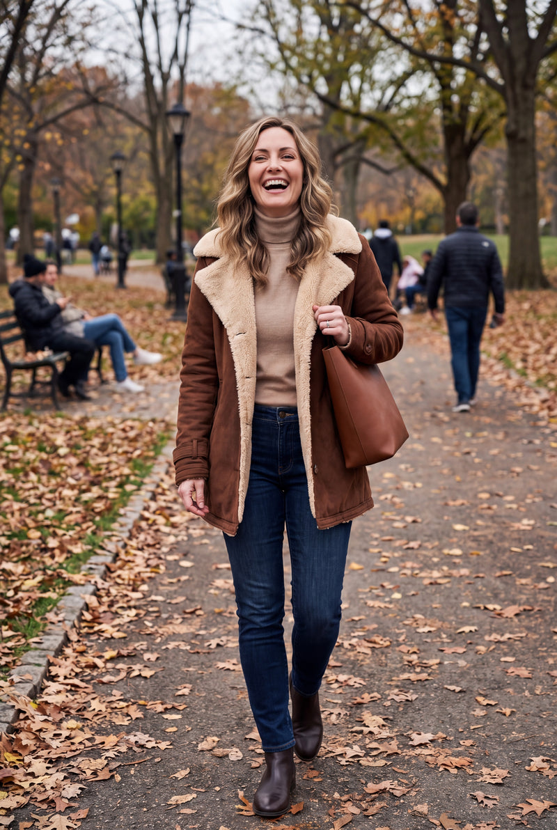 Women's Winter Coat Long Chic Style in Brown — lifestyle candid