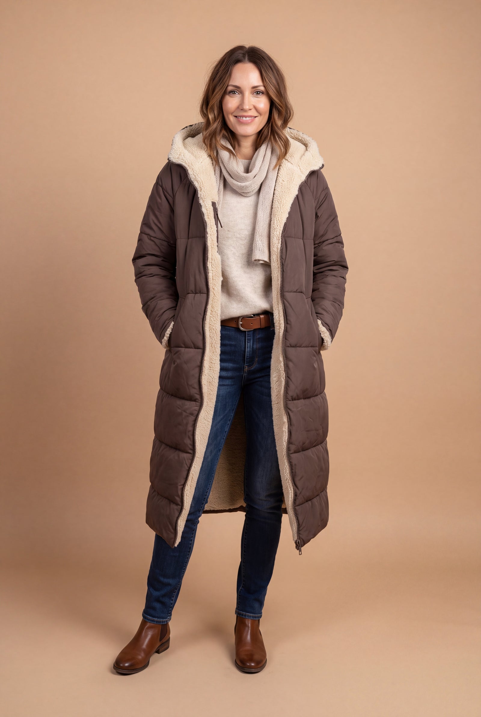 Women's Winter Jacket Long Silhouette in Brown — studio shot