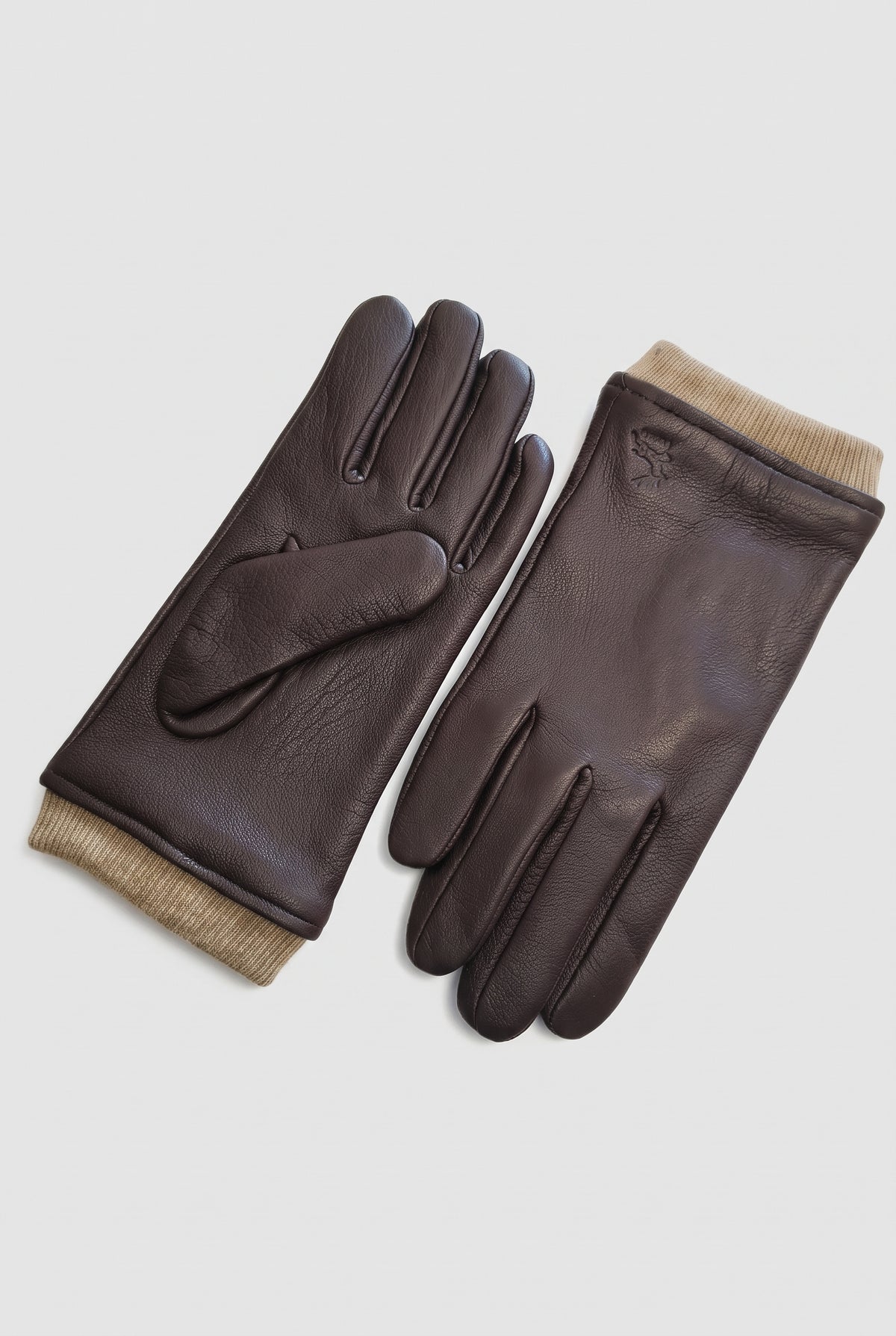 Wool-Lined Driving Gloves in Brown — studio front