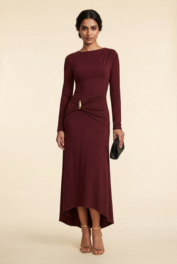 Burgundy Burgundy Draped Waist Maxi Dress with Gold Accent - Photo 1
