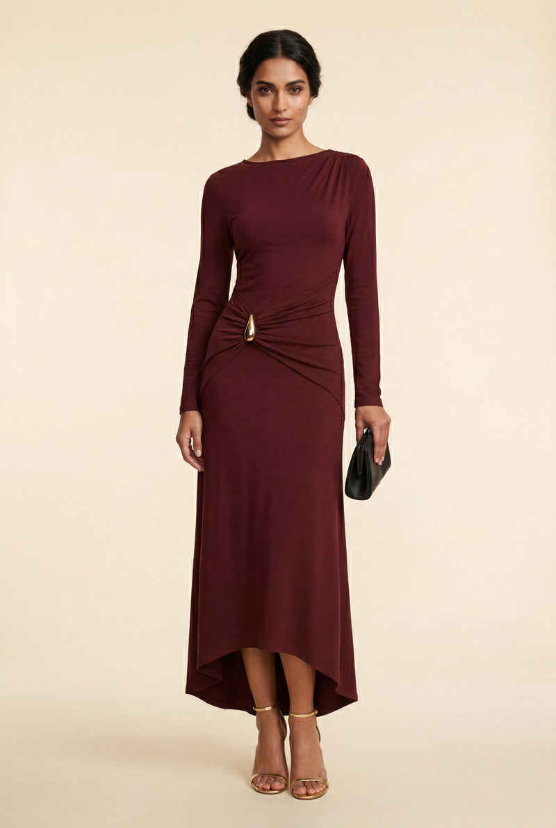 Burgundy Burgundy Draped Waist Maxi Dress with Gold Accent - Photo 1