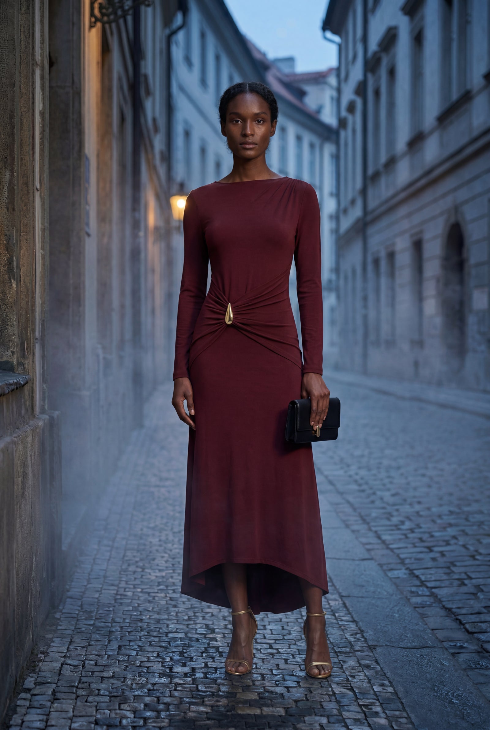 Burgundy Burgundy Draped Waist Maxi Dress with Gold Accent - Photo 4