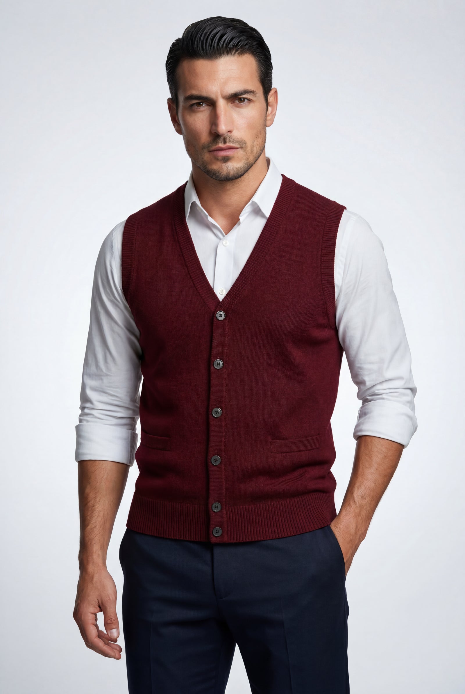Burgundy Button-front V-neck Sleeveless Sweater Vest - Photo 6