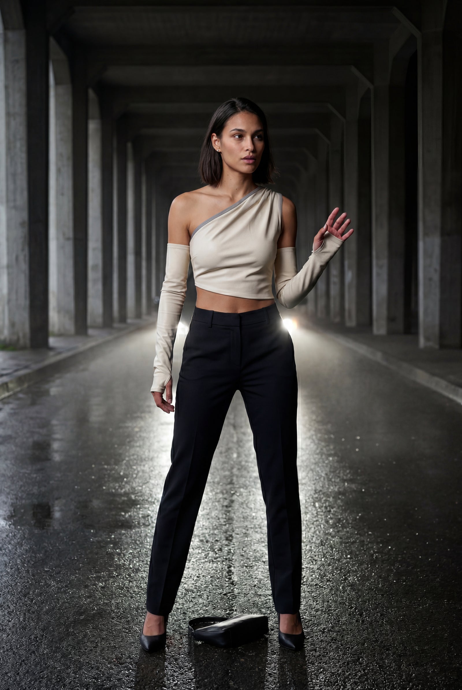 White Dramatic Hem Asymmetric One Shoulder Faux Top - One shoulder top - Photo 12