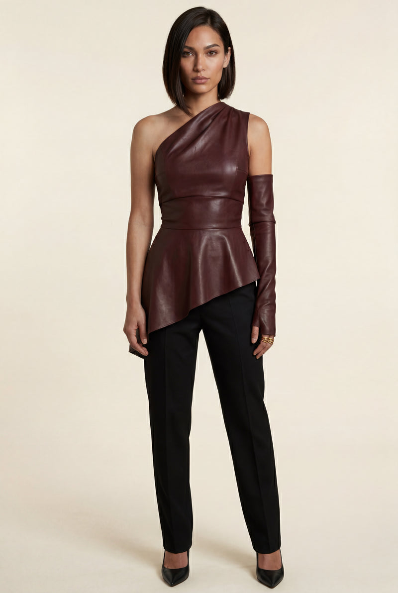 Burgundy Dramatic Hem Asymmetric One Shoulder Faux Top - One shoulder top - Photo 2