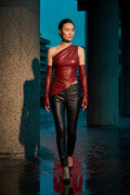 Red Dramatic Hem Asymmetric One Shoulder Faux Top - One shoulder top - Photo 3