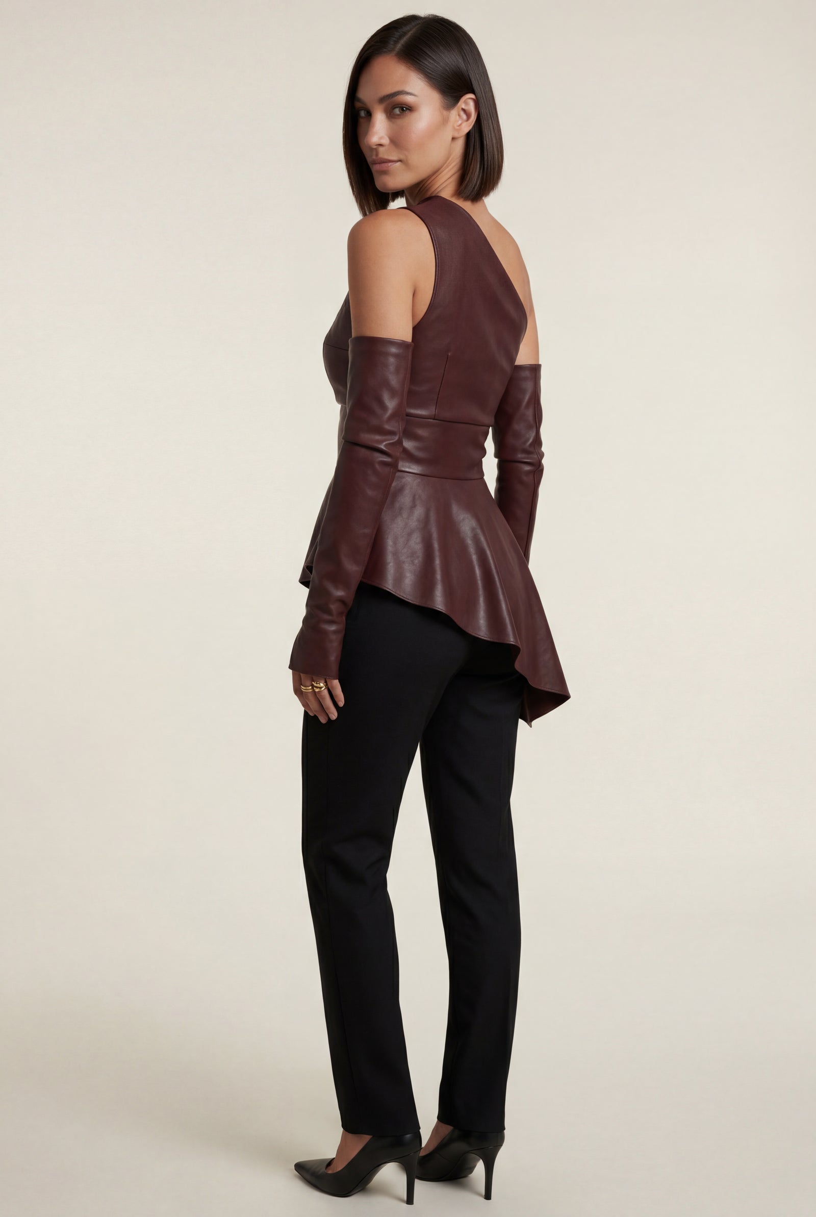 Burgundy Dramatic Hem Asymmetric One Shoulder Faux Top - One shoulder top - Photo 5