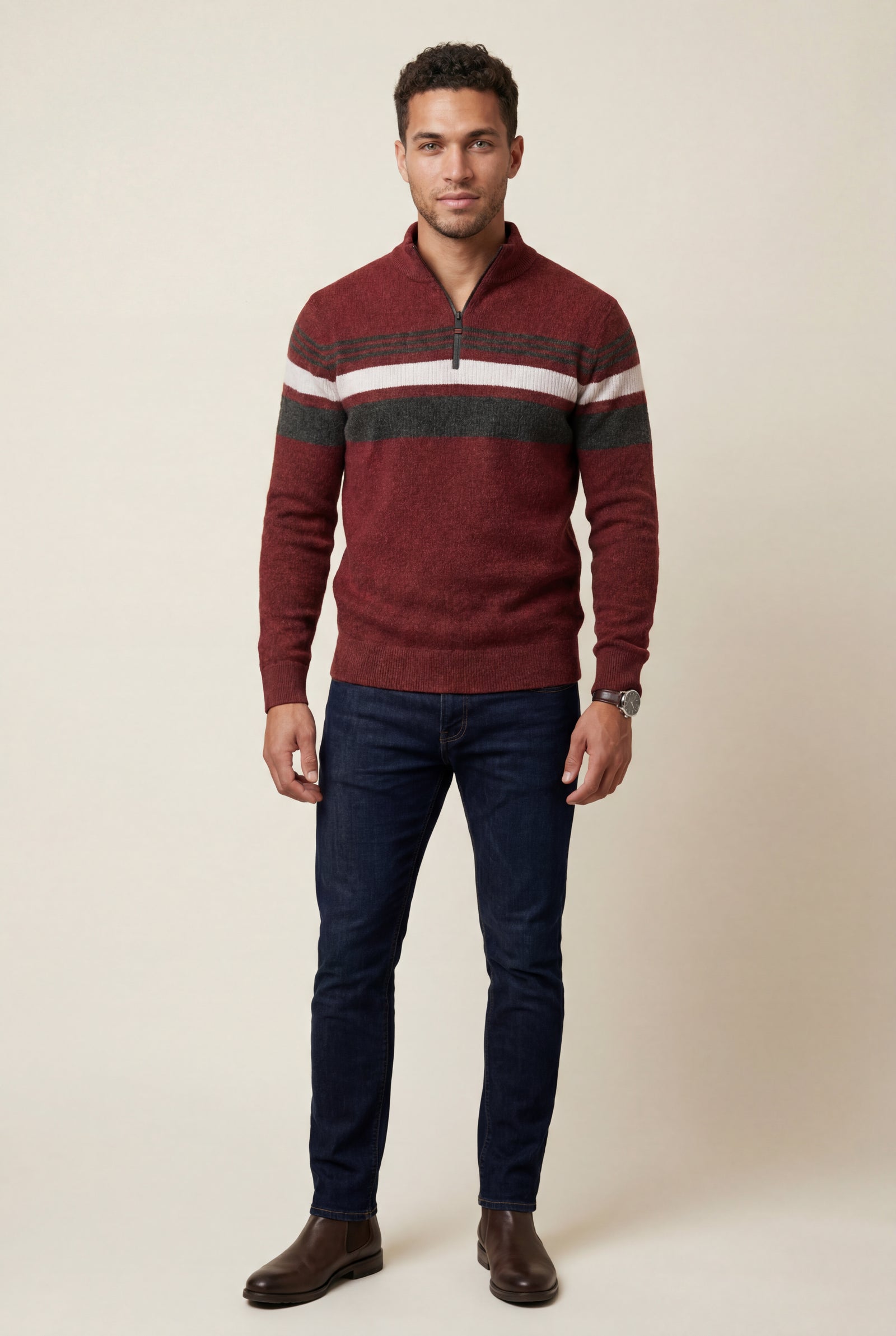 Burgundy Half Zip Stand Collar Striped Sweater - Half zip sweater - Photo 11