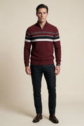 Burgundy Half Zip Stand Collar Striped Sweater - Half zip sweater - Photo 3