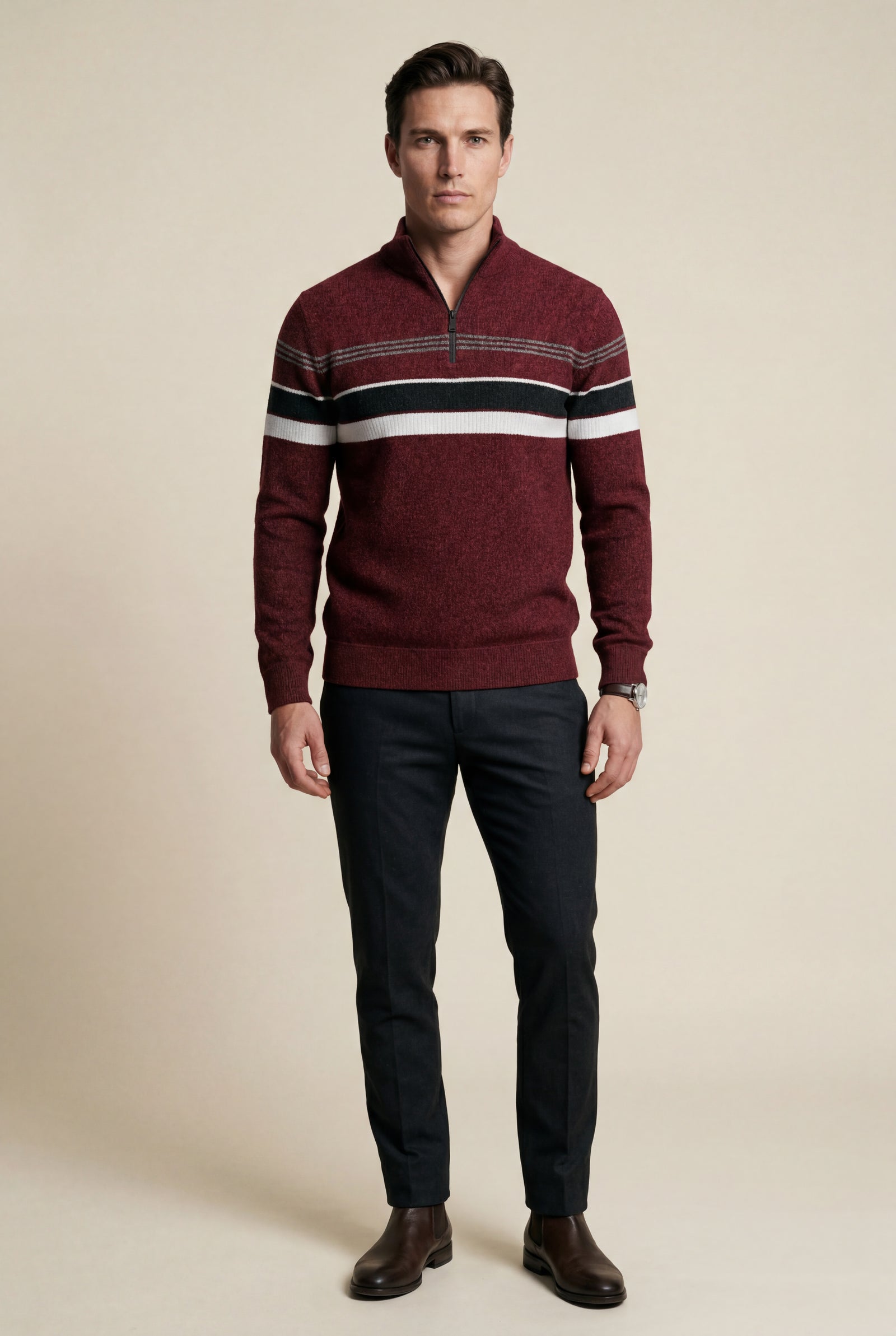 Burgundy Half Zip Stand Collar Striped Sweater - Half zip sweater - Photo 3