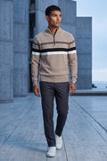 Light Taupe Half Zip Stand Collar Striped Sweater - Half zip sweater - Photo 4