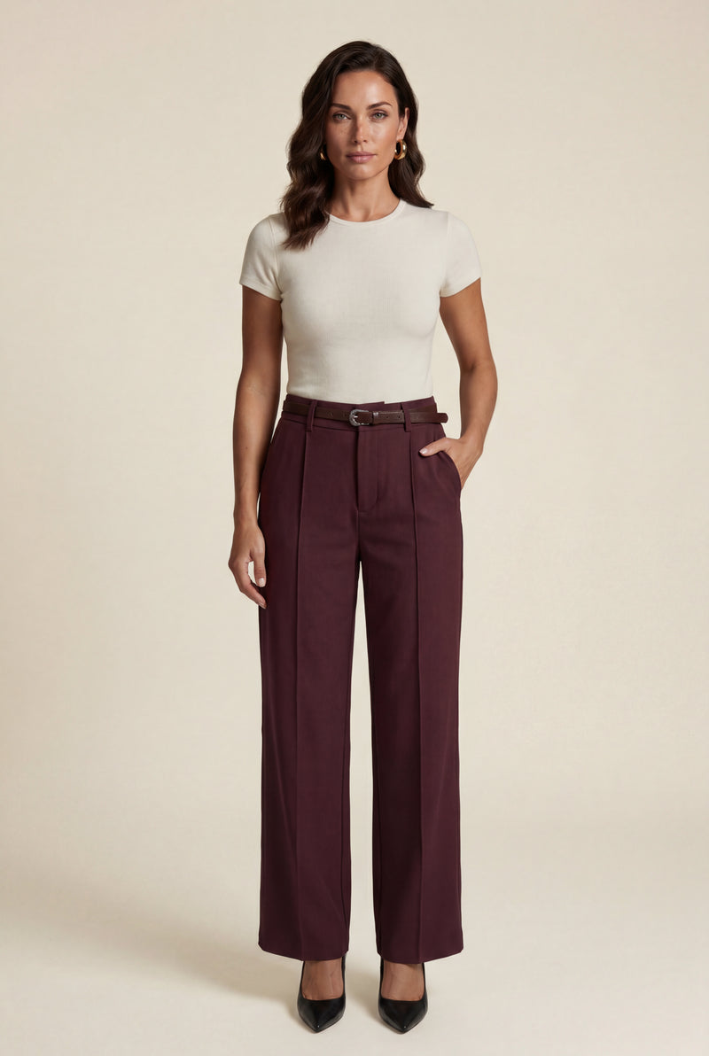 Burgundy High-waisted Wide-leg Tailored Trousers with Belt - Wide leg trousers - Photo 1