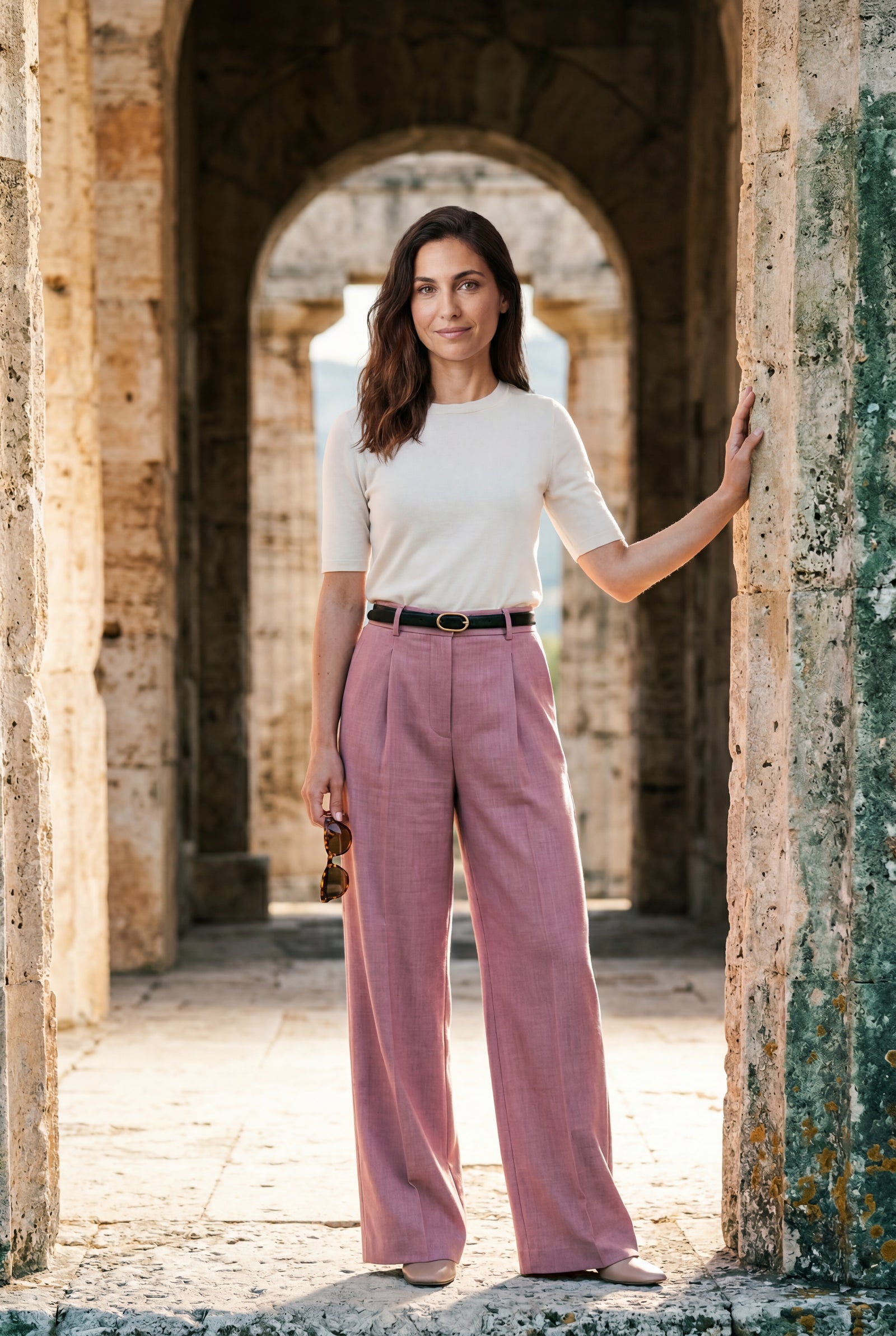 Pink High-waisted Wide-leg Tailored Trousers with Belt - Wide leg trousers - Photo 11