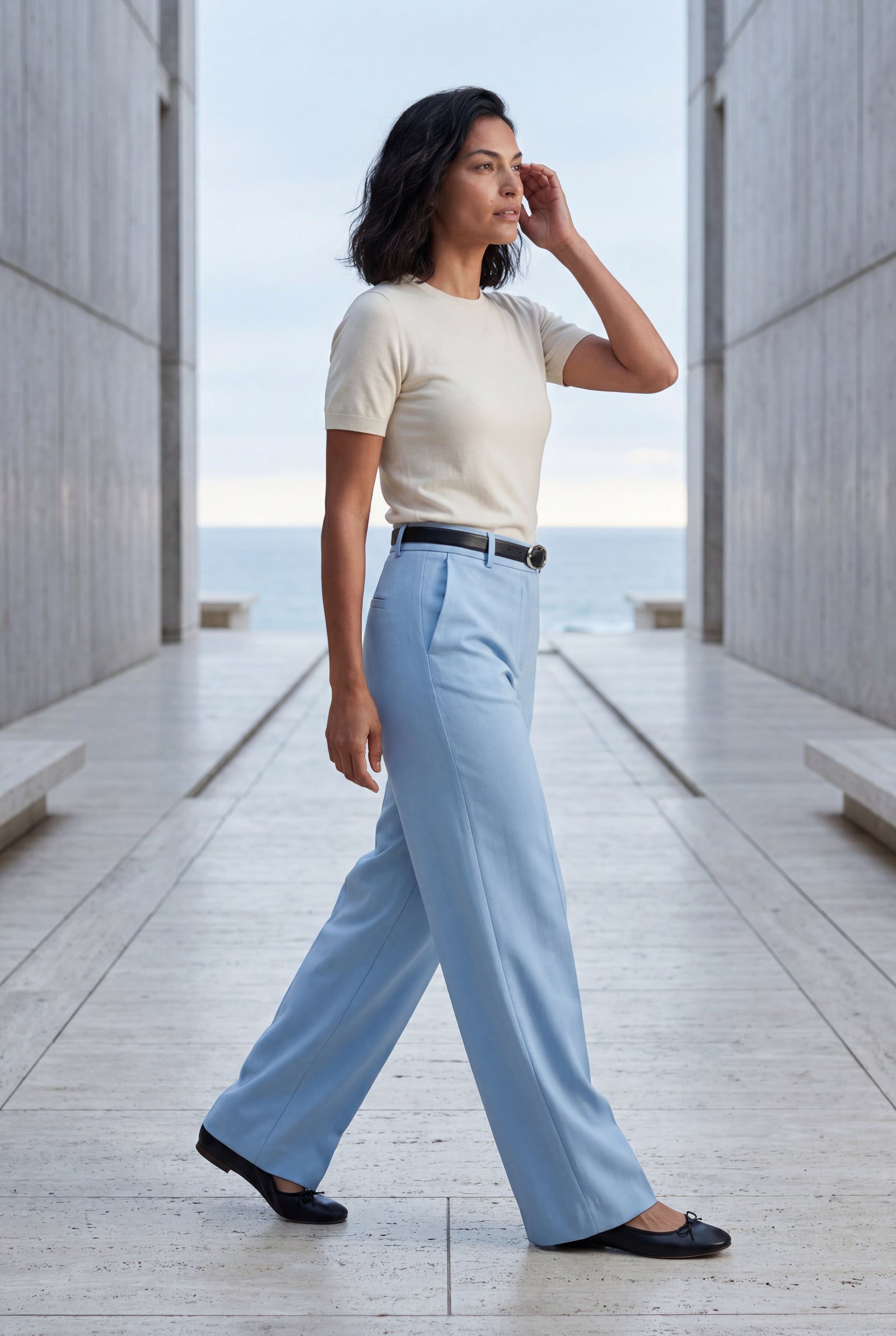 Baby Blue High-waisted Wide-leg Tailored Trousers with Belt - Wide leg trousers - Photo 12