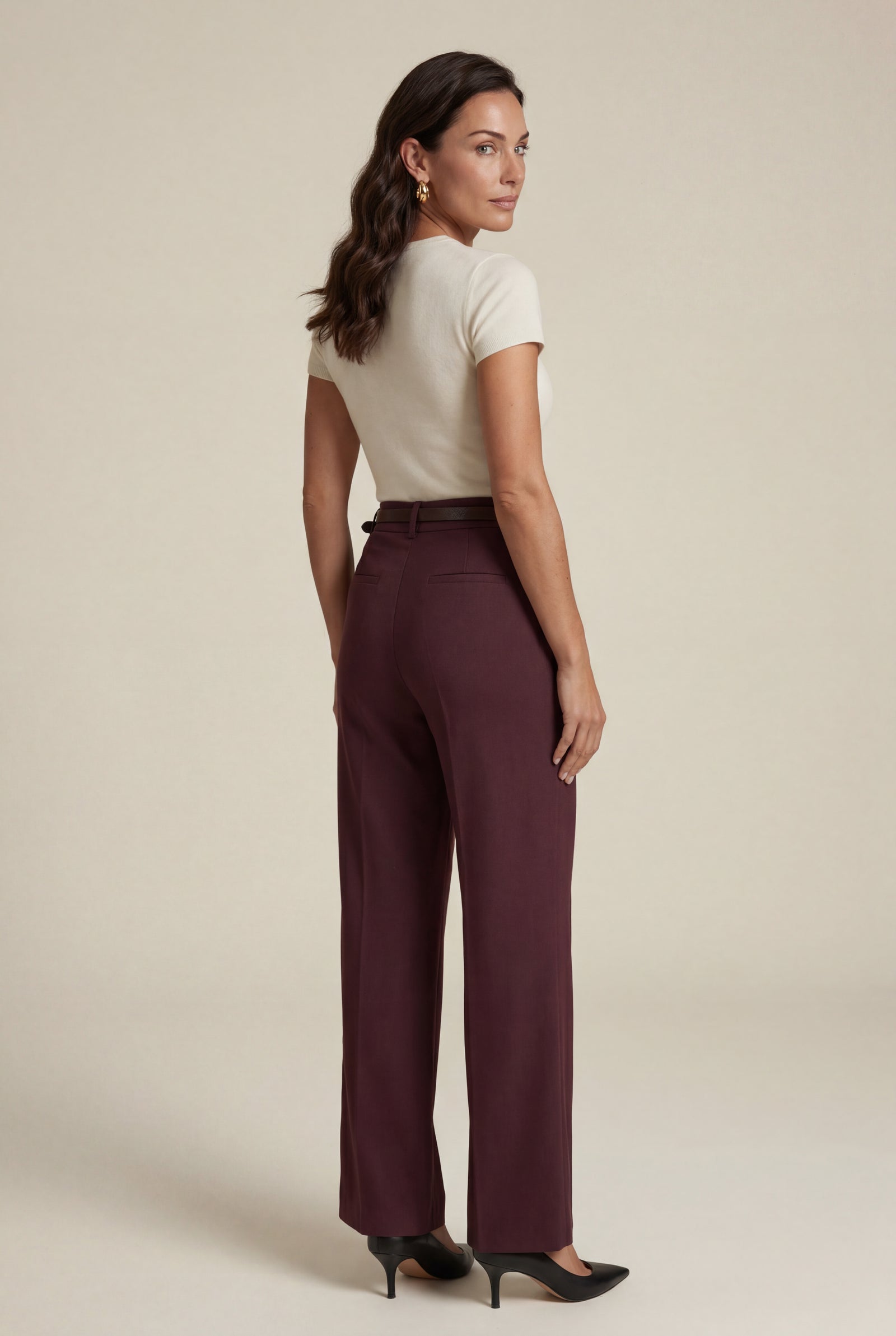 Burgundy High-waisted Wide-leg Tailored Trousers with Belt - Wide leg trousers - Photo 2